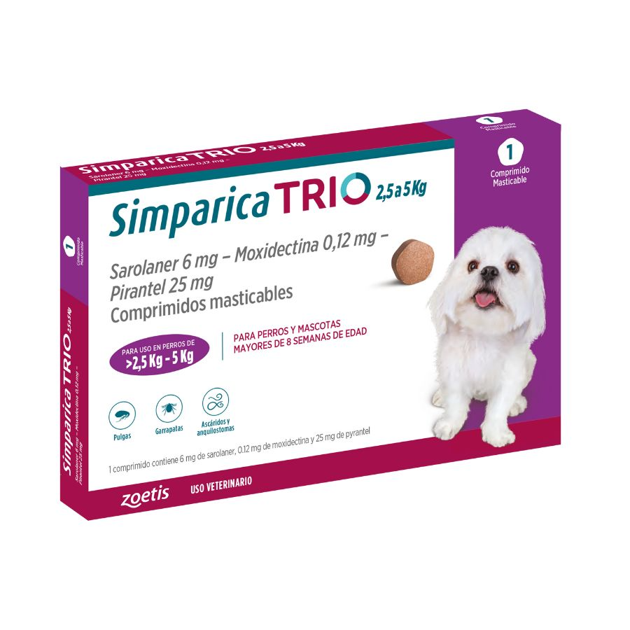 Simparica trio 2.6 - 5 kg antiparasitario para perros 1 comprimido, , large image number null